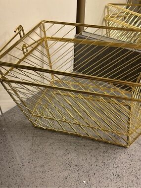 2 Large Gold Wire Storage Basket - Decorative Metal Organizer